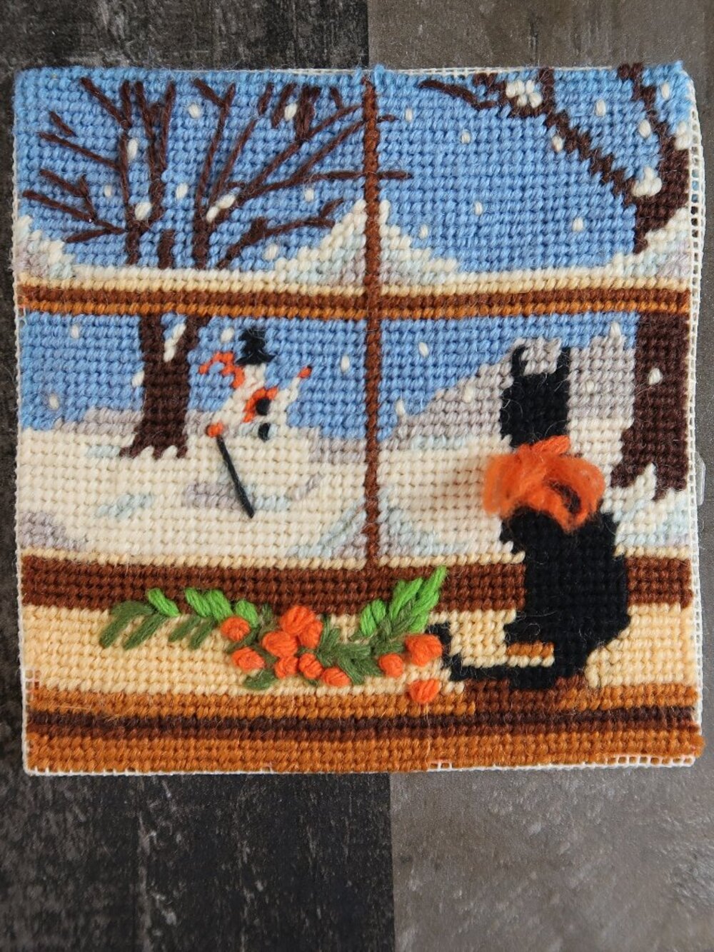 Vintage Cross Stitch Needlepoint Cat Looking Out Window Snowman Unframed 5x5
